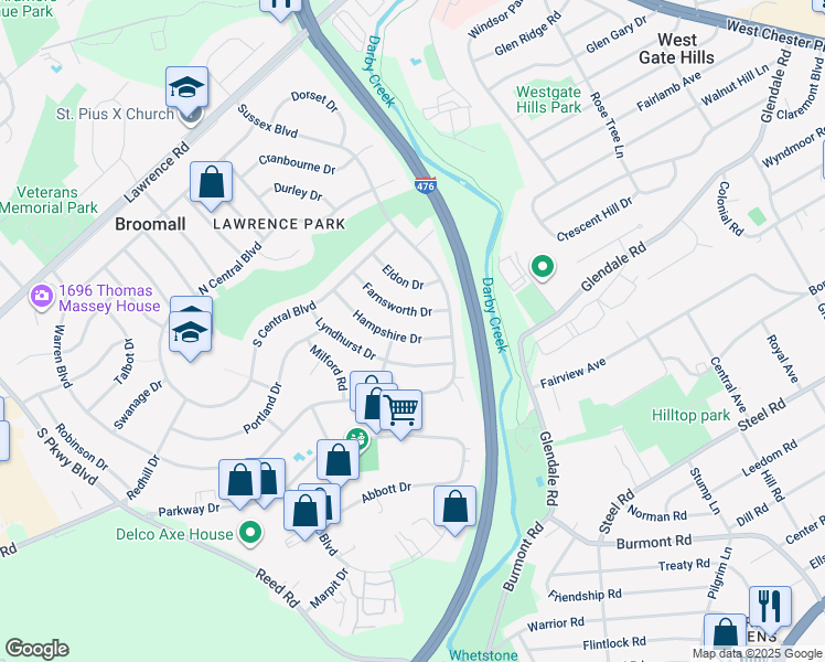 map of restaurants, bars, coffee shops, grocery stores, and more near 427 Hampshire Drive in Broomall