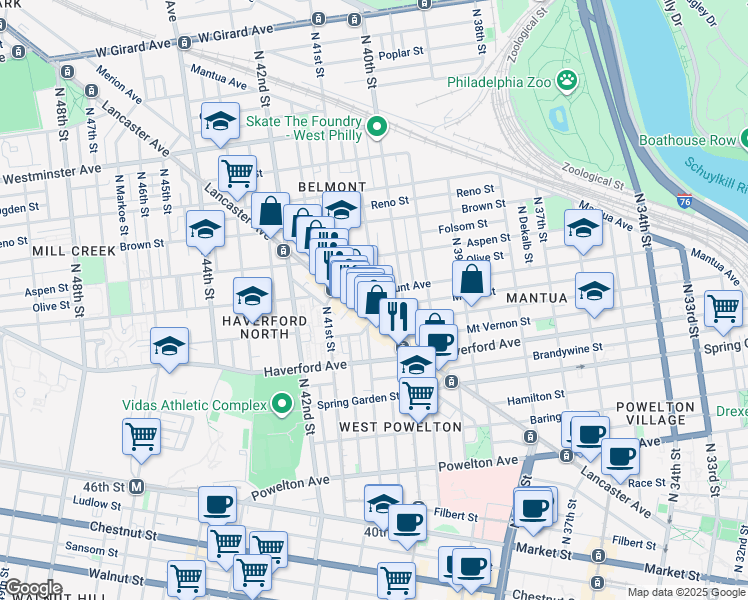 map of restaurants, bars, coffee shops, grocery stores, and more near 676 North Preston Street in Philadelphia