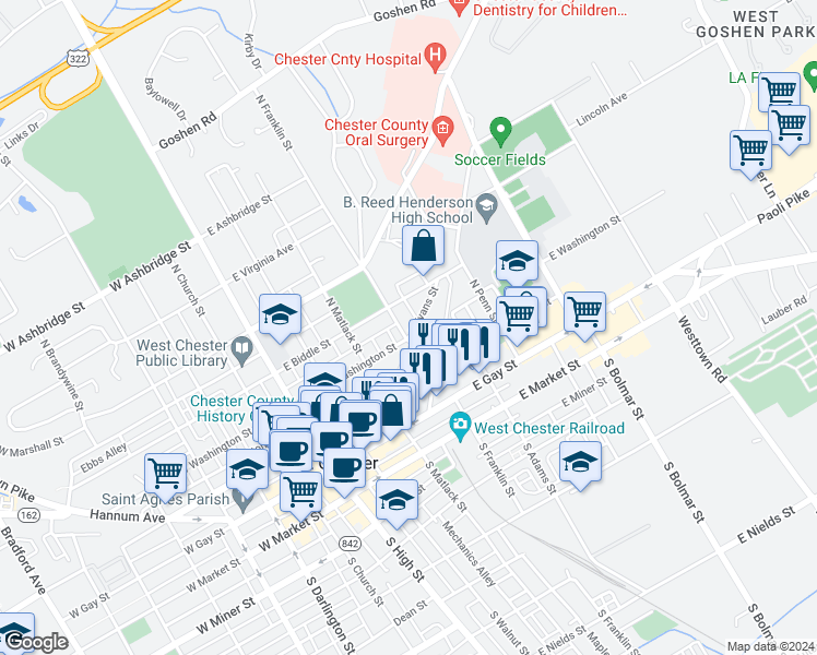 map of restaurants, bars, coffee shops, grocery stores, and more near 303 East Evans Street in West Chester