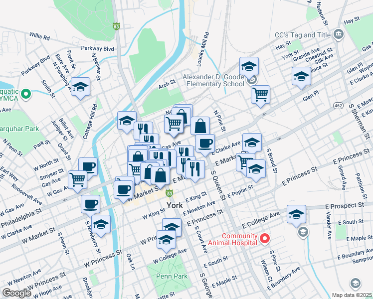 map of restaurants, bars, coffee shops, grocery stores, and more near 117 East Philadelphia Street in York