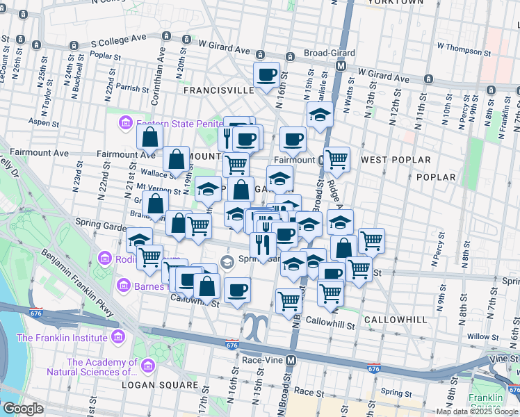 map of restaurants, bars, coffee shops, grocery stores, and more near 1600 Mount Vernon Street in Philadelphia
