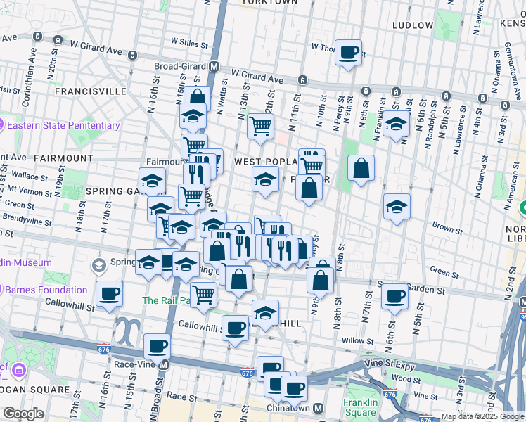 map of restaurants, bars, coffee shops, grocery stores, and more near 1124 North Street in Philadelphia