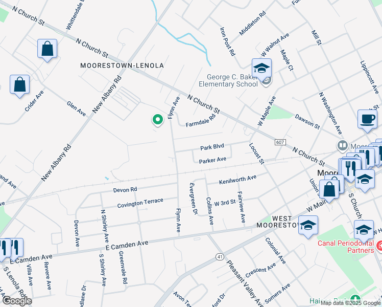 map of restaurants, bars, coffee shops, grocery stores, and more near 421 Collins Avenue in Moorestown