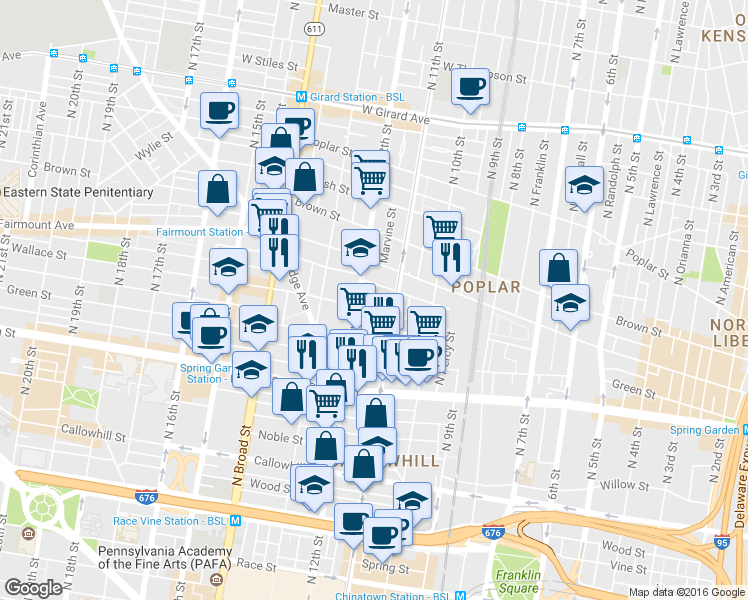 map of restaurants, bars, coffee shops, grocery stores, and more near 1124 North Street in Philadelphia