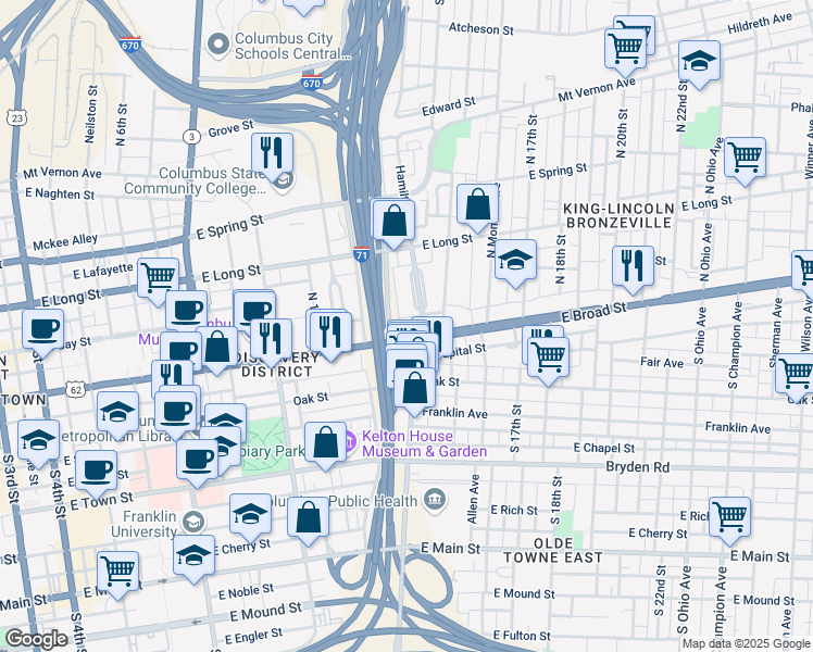 map of restaurants, bars, coffee shops, grocery stores, and more near 706 East Broad Street in Columbus