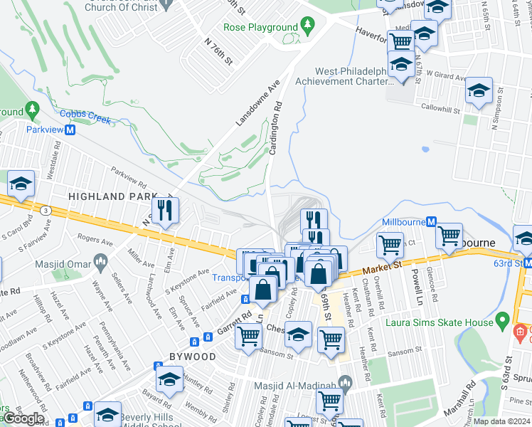 map of restaurants, bars, coffee shops, grocery stores, and more near 110 Victory Avenue in Delaware County
