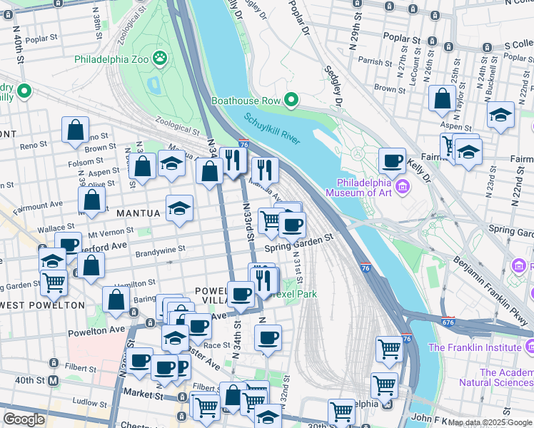 map of restaurants, bars, coffee shops, grocery stores, and more near 614 North 32nd Street in Philadelphia