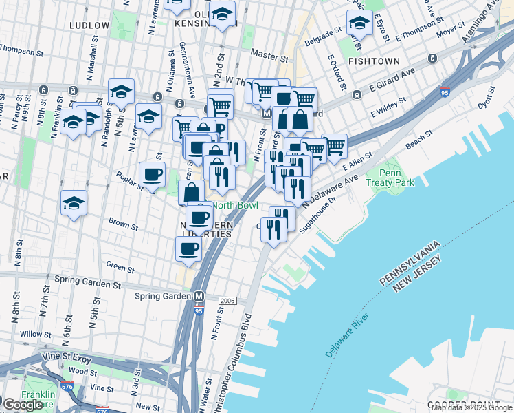 map of restaurants, bars, coffee shops, grocery stores, and more near 74 East Laurel Street in Philadelphia