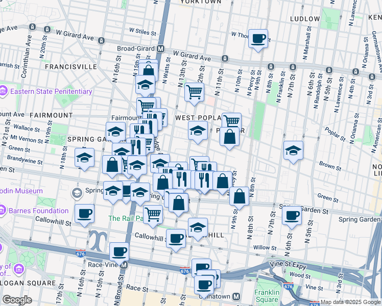 map of restaurants, bars, coffee shops, grocery stores, and more near 655 North 12th Street in Philadelphia