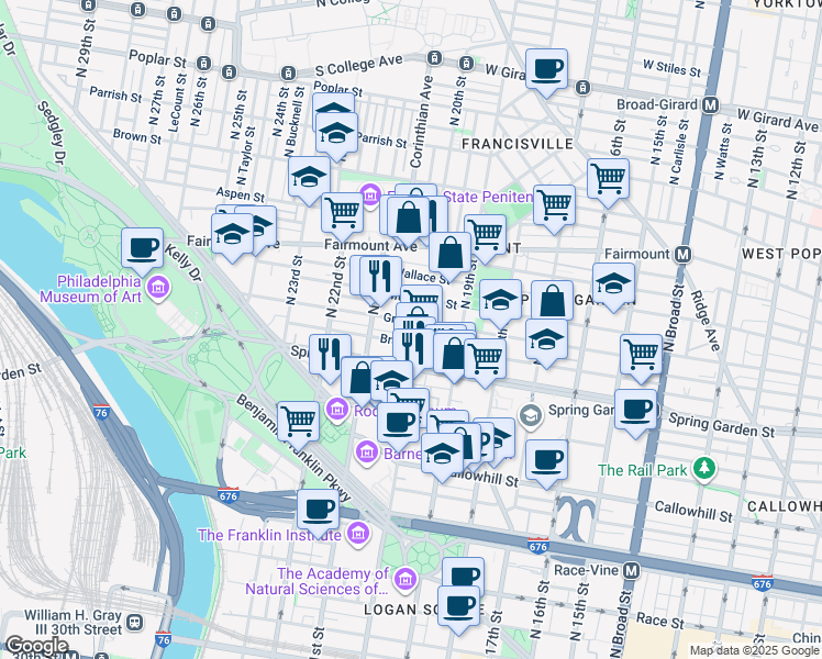 map of restaurants, bars, coffee shops, grocery stores, and more near 2006 Green Street in Philadelphia