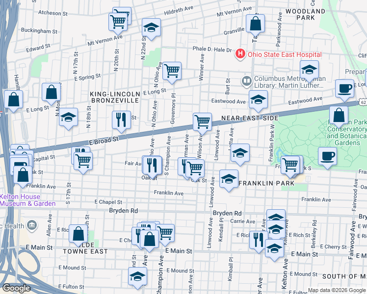 map of restaurants, bars, coffee shops, grocery stores, and more near 1223 Madison Avenue in Columbus