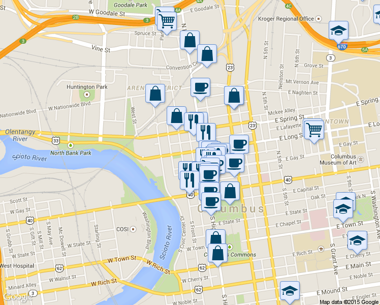 map of restaurants, bars, coffee shops, grocery stores, and more near 116 North Front Street in Columbus