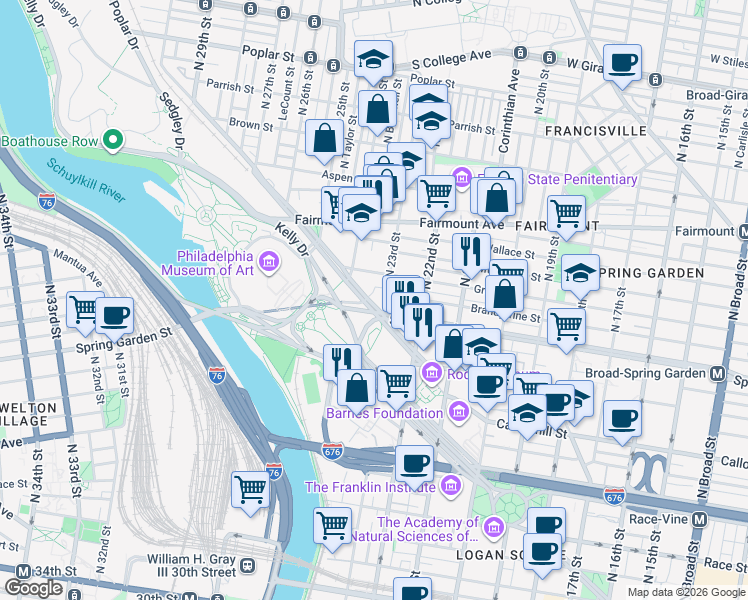 map of restaurants, bars, coffee shops, grocery stores, and more near 2319 Pennsylvania Avenue in Philadelphia