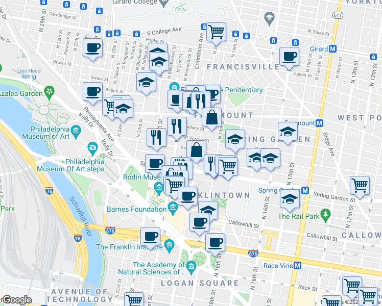 map of restaurants, bars, coffee shops, grocery stores, and more near 2012 Green Street in Philadelphia