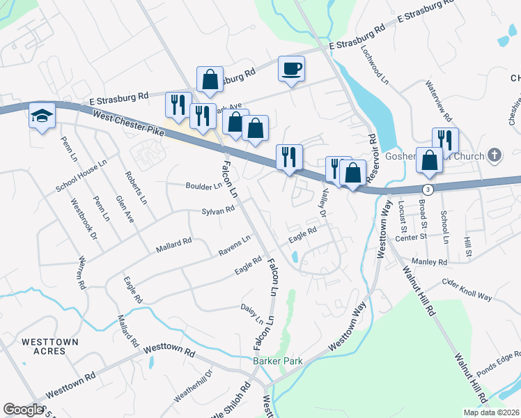 map of restaurants, bars, coffee shops, grocery stores, and more near 3224 Valley Drive in West Chester