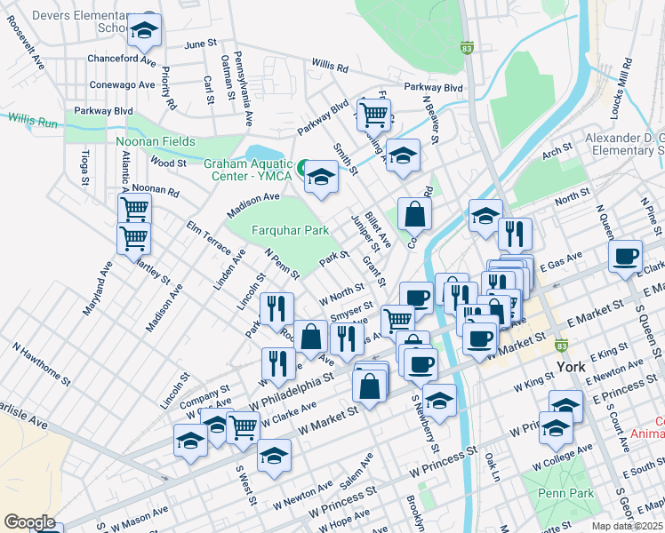 map of restaurants, bars, coffee shops, grocery stores, and more near 343 Garfield Street in York