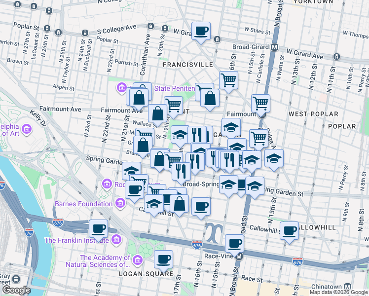 map of restaurants, bars, coffee shops, grocery stores, and more near 1717 Green Street in Philadelphia