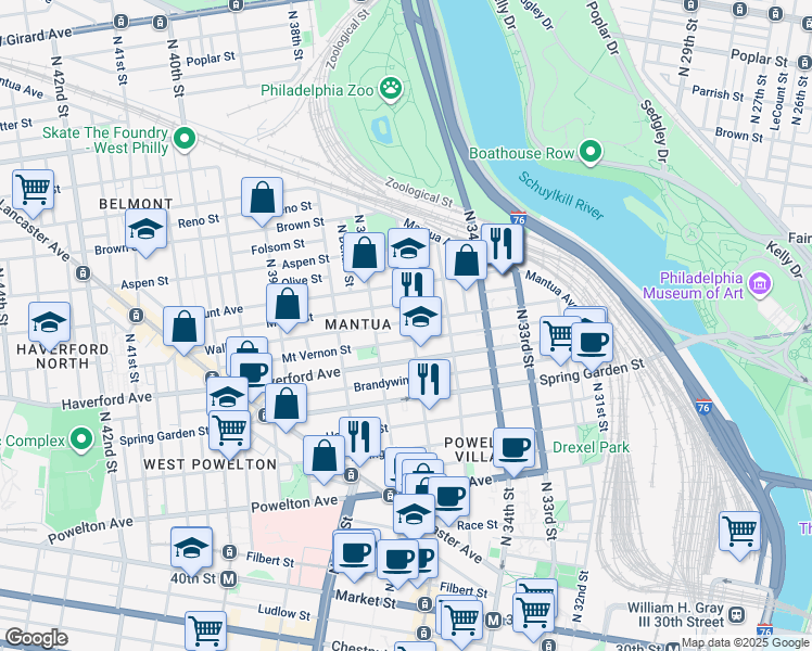 map of restaurants, bars, coffee shops, grocery stores, and more near 3616 Wallace Street in Philadelphia