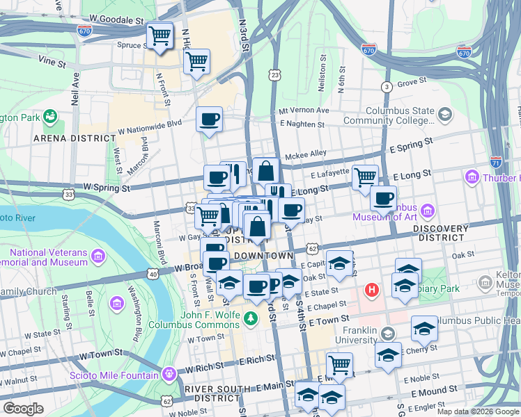 map of restaurants, bars, coffee shops, grocery stores, and more near 110 North 3rd Street in Columbus