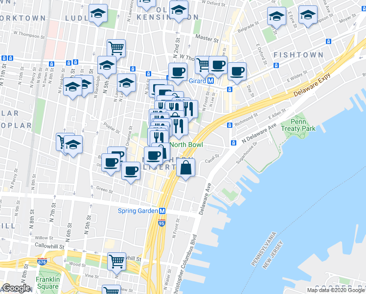 map of restaurants, bars, coffee shops, grocery stores, and more near 1094 North Front Street in Philadelphia