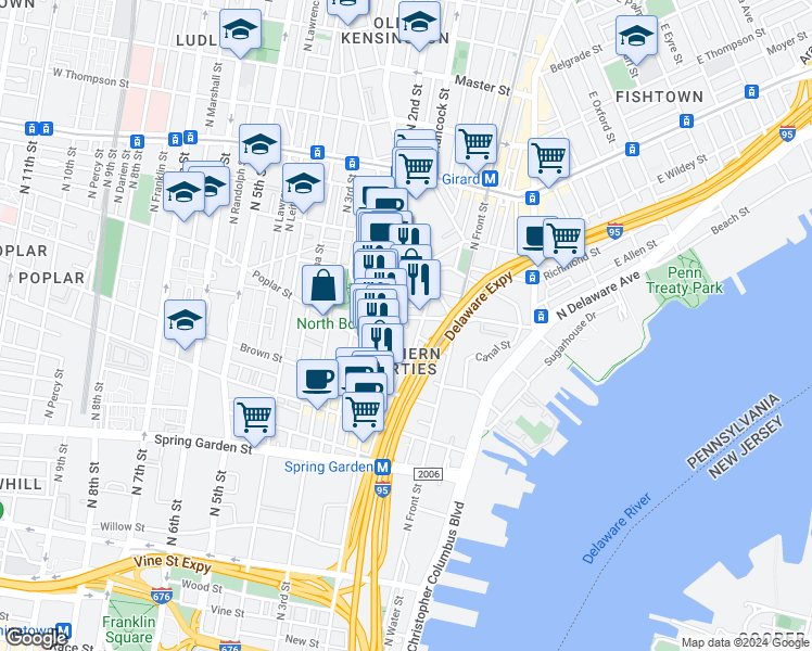 map of restaurants, bars, coffee shops, grocery stores, and more near 929 North Hancock Street in Philadelphia