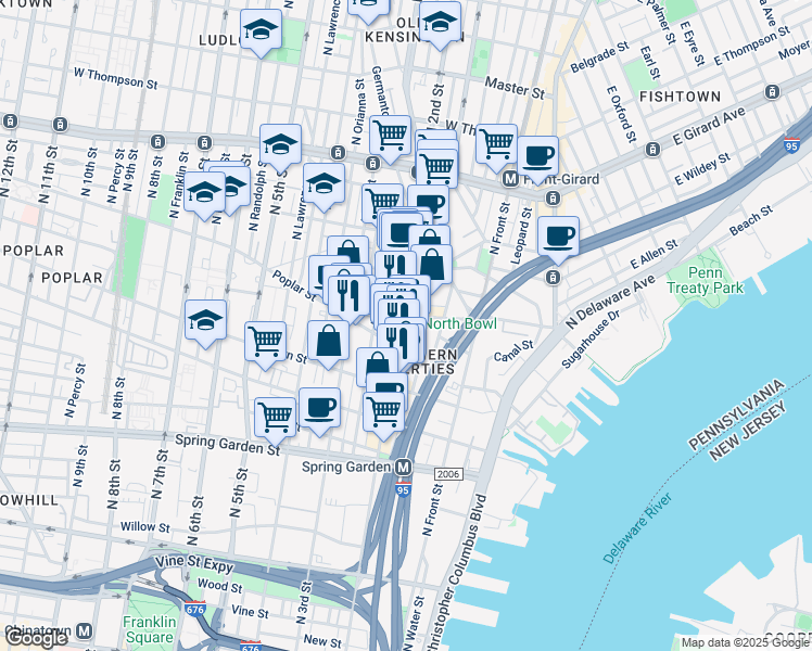 map of restaurants, bars, coffee shops, grocery stores, and more near 841 North 2nd Street in Philadelphia