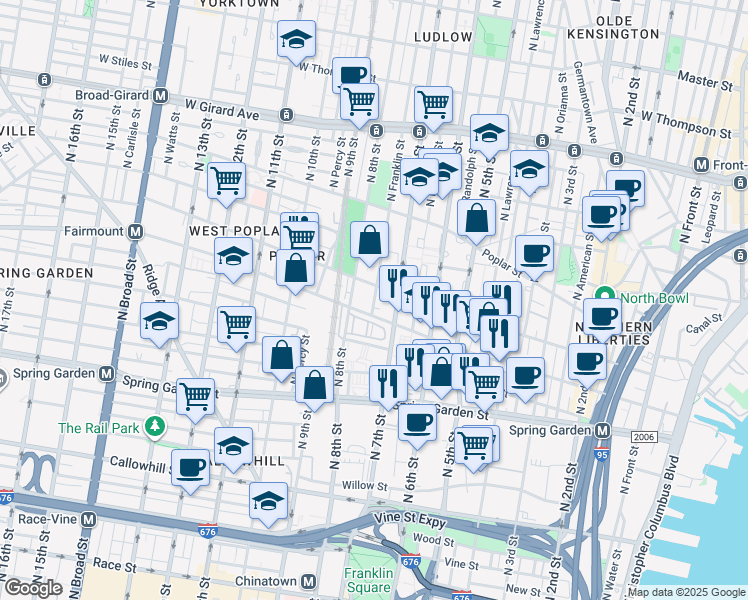 map of restaurants, bars, coffee shops, grocery stores, and more near 705-9 North Franklin Street in Philadelphia