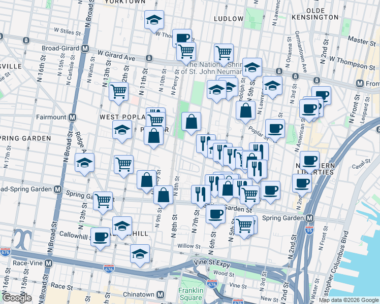map of restaurants, bars, coffee shops, grocery stores, and more near 705-9 North Franklin Street in Philadelphia