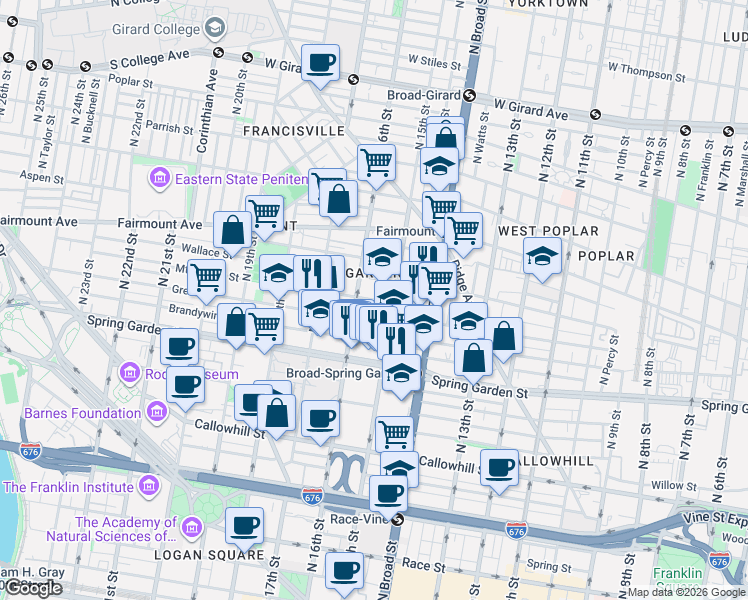 map of restaurants, bars, coffee shops, grocery stores, and more near 1520 Mount Vernon Street in Philadelphia