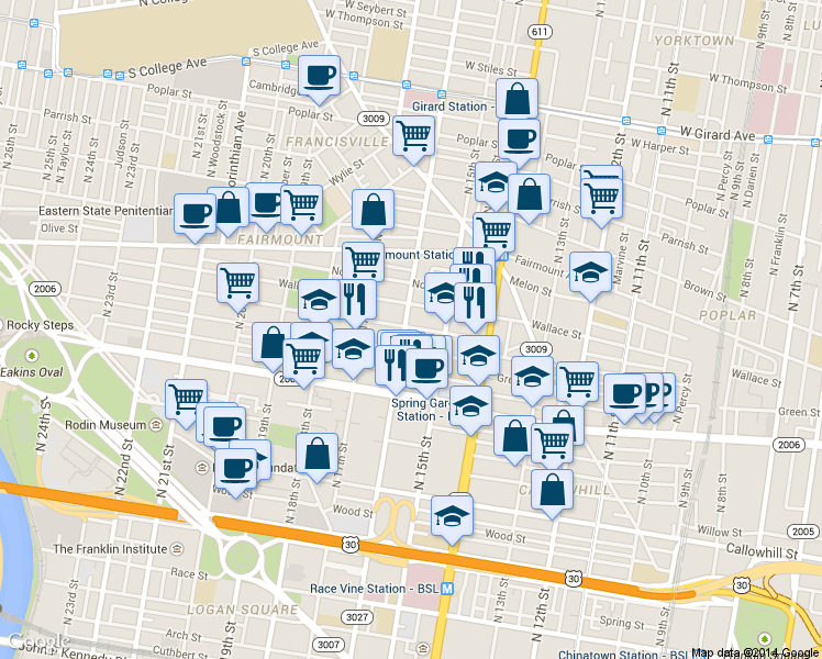 map of restaurants, bars, coffee shops, grocery stores, and more near 1520 Mount Vernon Street in Philadelphia