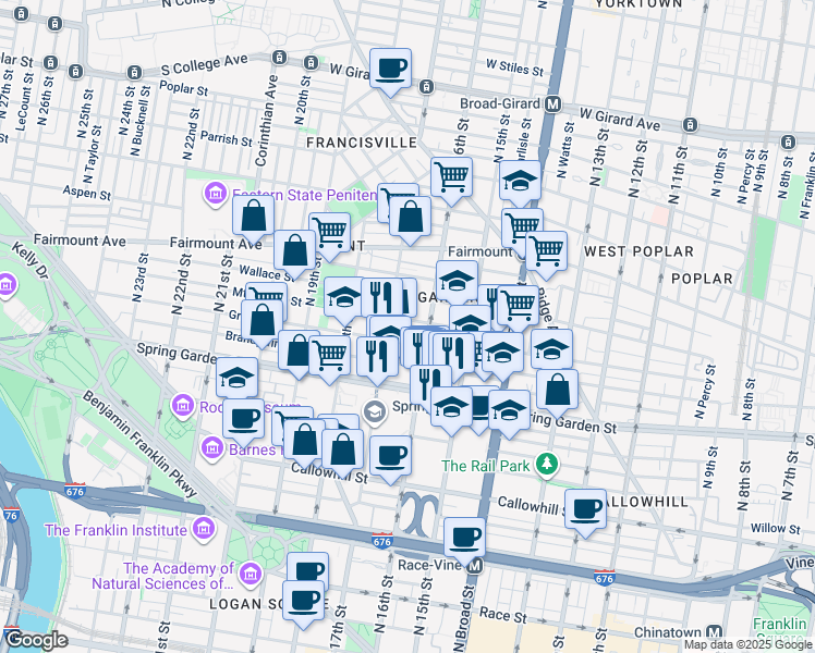 map of restaurants, bars, coffee shops, grocery stores, and more near 1619 Mount Vernon Street in Philadelphia