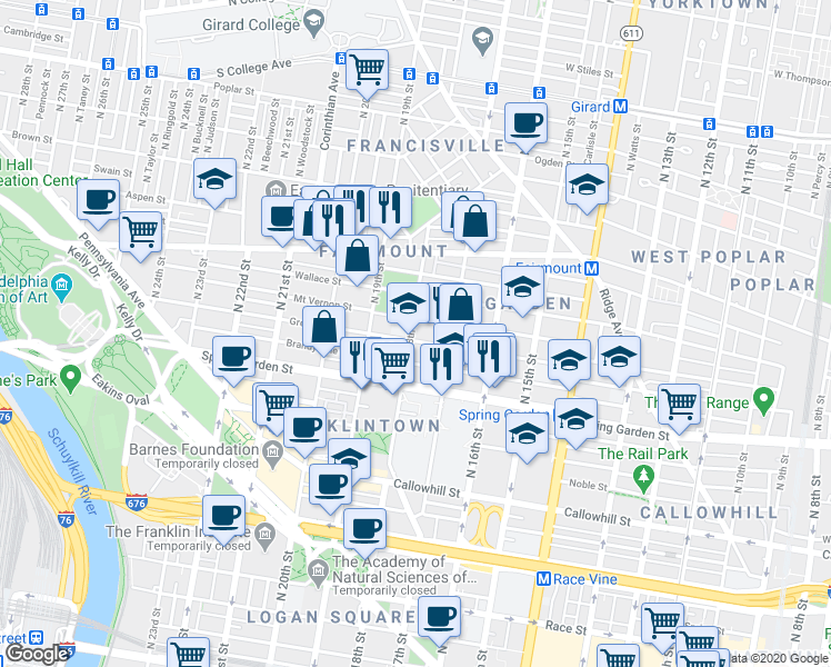 map of restaurants, bars, coffee shops, grocery stores, and more near in Philadelphia