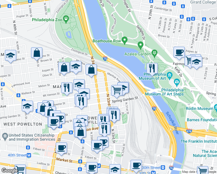 map of restaurants, bars, coffee shops, grocery stores, and more near in Philadelphia