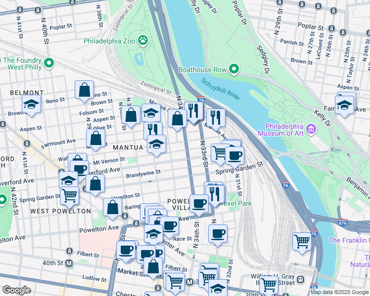 map of restaurants, bars, coffee shops, grocery stores, and more near in Philadelphia
