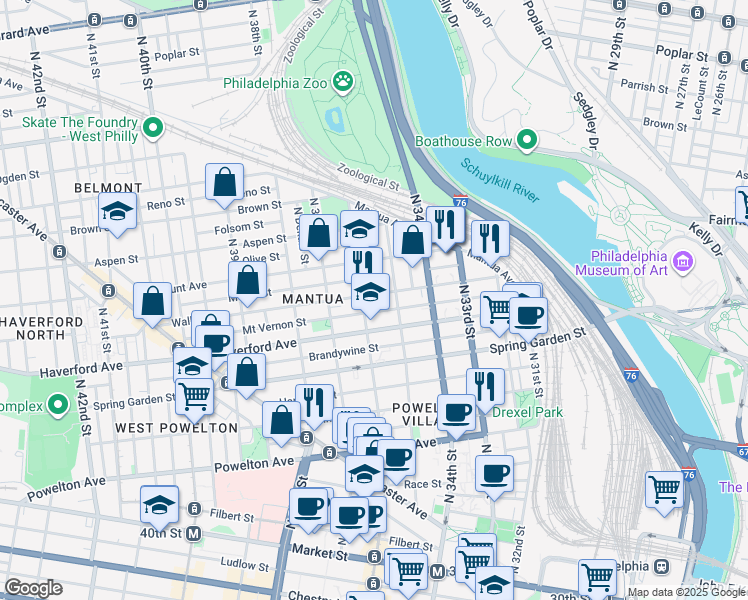 map of restaurants, bars, coffee shops, grocery stores, and more near in Philadelphia