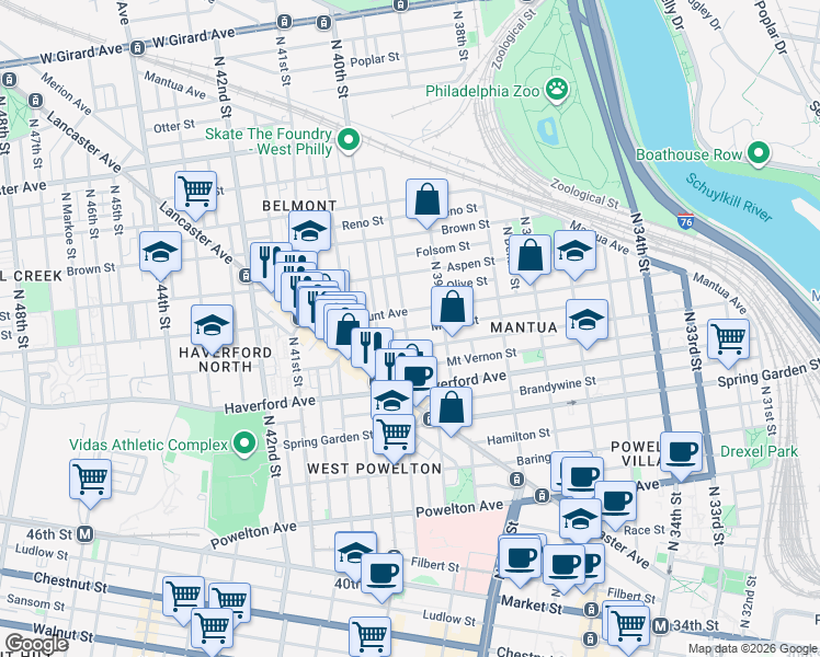 map of restaurants, bars, coffee shops, grocery stores, and more near 3919 Wallace Street in Philadelphia