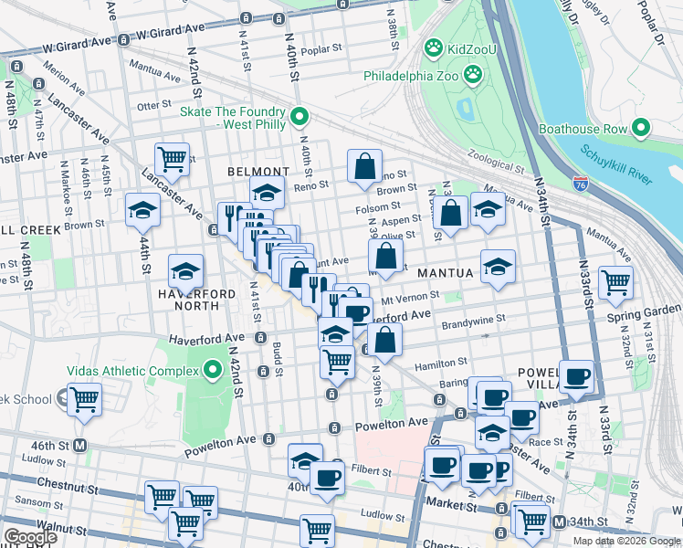 map of restaurants, bars, coffee shops, grocery stores, and more near 3921 Wallace Street in Philadelphia