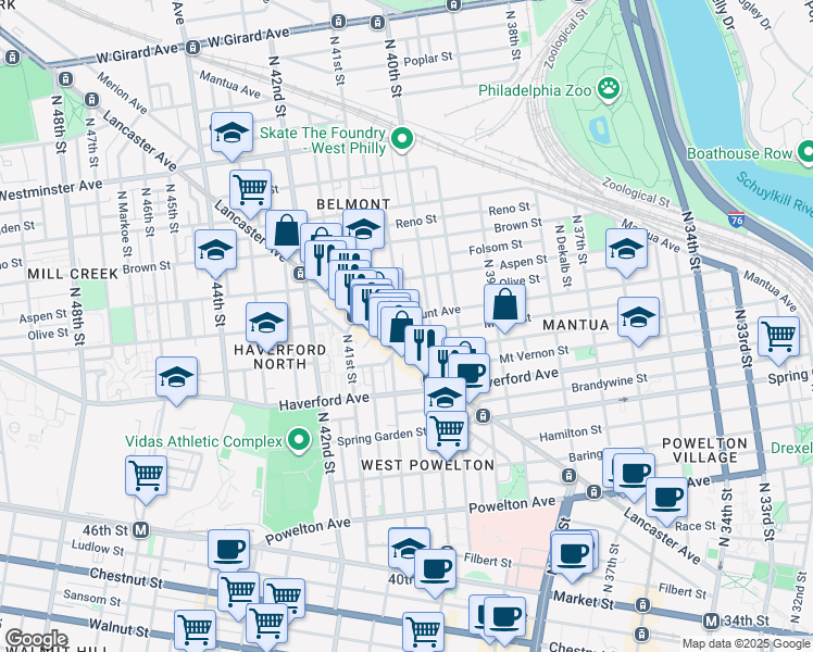 map of restaurants, bars, coffee shops, grocery stores, and more near 4040 Lancaster Avenue in Philadelphia
