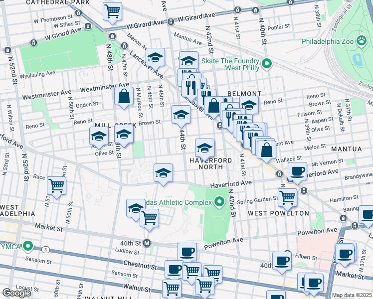 map of restaurants, bars, coffee shops, grocery stores, and more near 706 North 43rd Street in Philadelphia