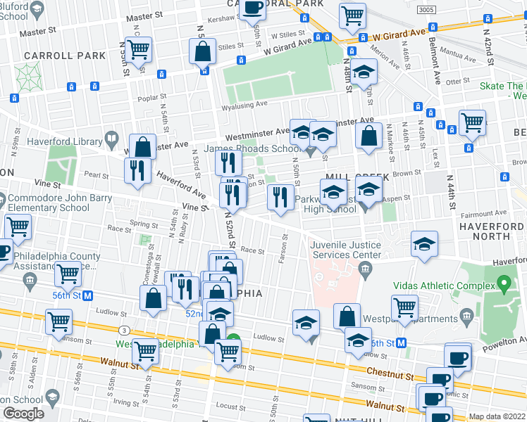 map of restaurants, bars, coffee shops, grocery stores, and more near 5052 Aspen Street in Philadelphia