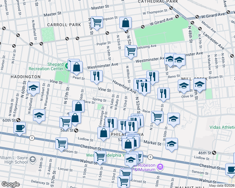 map of restaurants, bars, coffee shops, grocery stores, and more near 236 North 53rd Street in Philadelphia