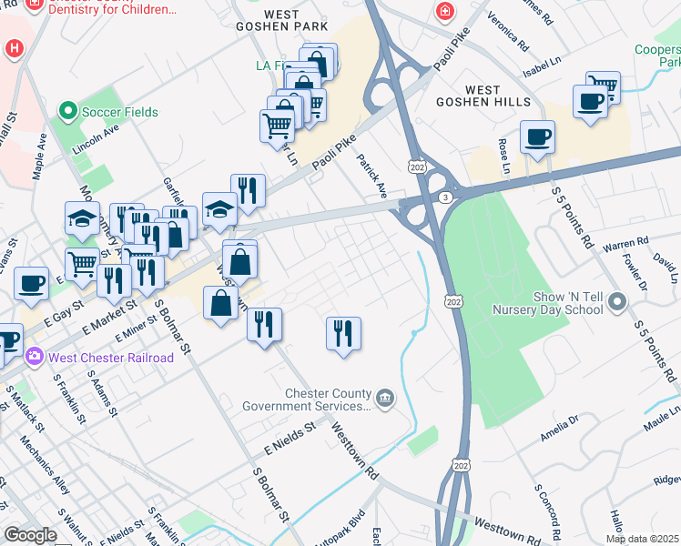 map of restaurants, bars, coffee shops, grocery stores, and more near 832 Orchard Avenue in West Chester