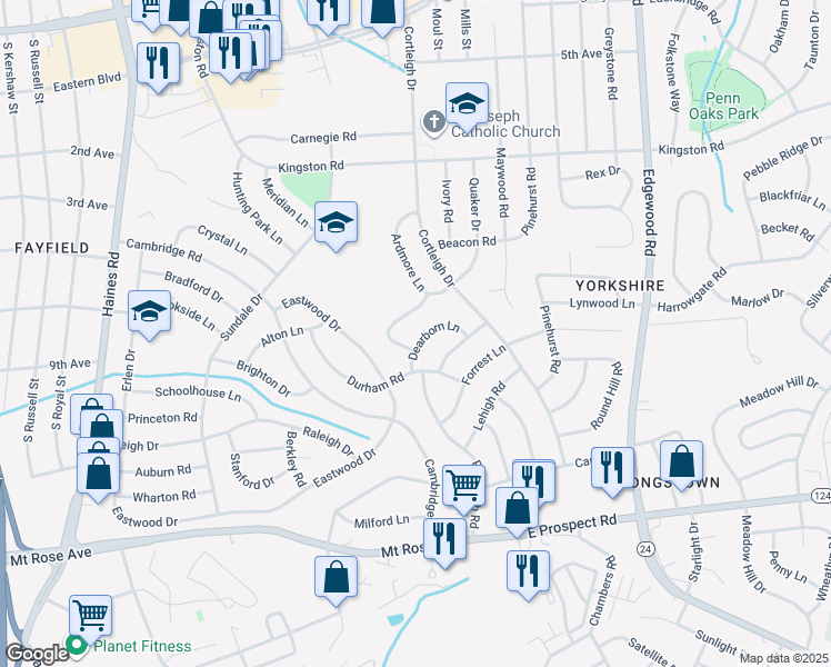 map of restaurants, bars, coffee shops, grocery stores, and more near 2950 Dearborn Lane in East York