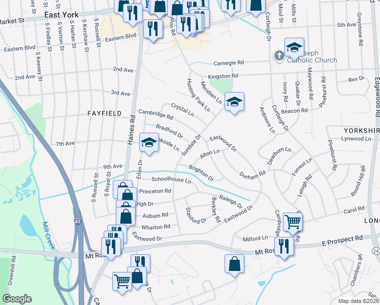 map of restaurants, bars, coffee shops, grocery stores, and more near 540 Alton Lane in East York