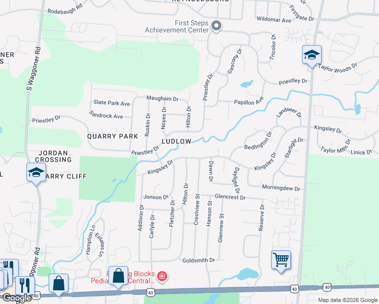 map of restaurants, bars, coffee shops, grocery stores, and more near 8198 Kingsley Drive in Reynoldsburg