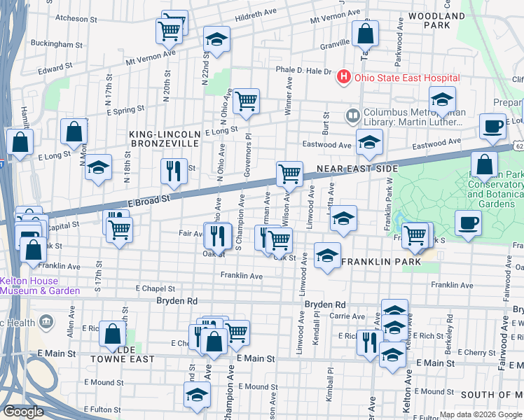 map of restaurants, bars, coffee shops, grocery stores, and more near 1223 Madison Avenue in Columbus