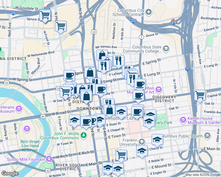 map of restaurants, bars, coffee shops, grocery stores, and more near 53 North 5th Street in Columbus