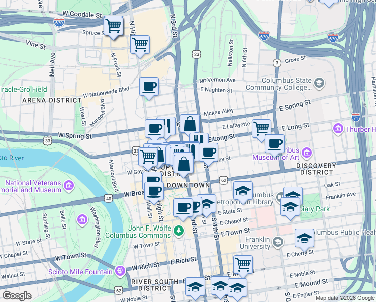 map of restaurants, bars, coffee shops, grocery stores, and more near 112 East Gay Street in Columbus