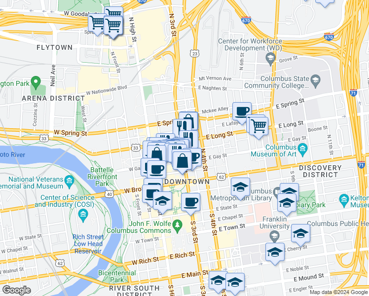 map of restaurants, bars, coffee shops, grocery stores, and more near 112 East Gay Street in Columbus