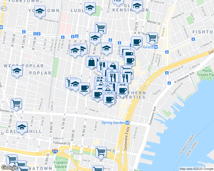 map of restaurants, bars, coffee shops, grocery stores, and more near 845 North Orianna Street in Philadelphia